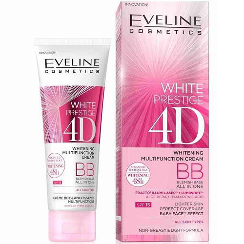بی بی کرم روشن کننده اولاین EVELINE مدل وایت پرستیژ WHITE PRESTIGE 4D حجم 50 میل | آرایشی